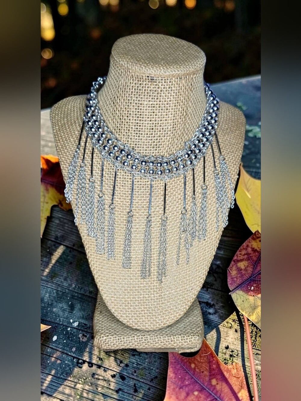 Vintage Silver-Tone Beaded Bib Tassel Collar Necklace